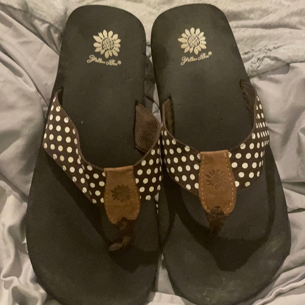 Yellow box flip flops